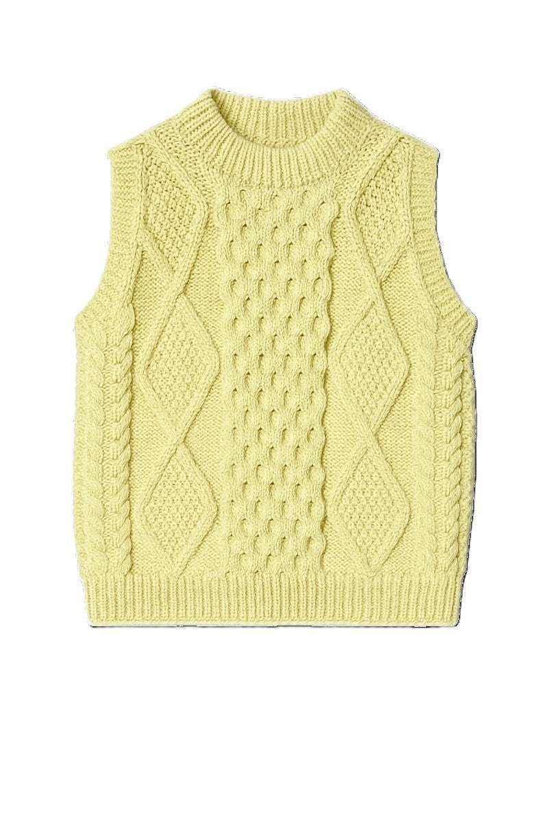 First Born Knits Tierra Vest, a cozy knitwear piece featuring a textured design, displayed on a neutral background.