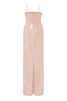 Nué Bare Glossy Sequin Gown with shimmering metallic finish, elegant design, and full-length silhouette.