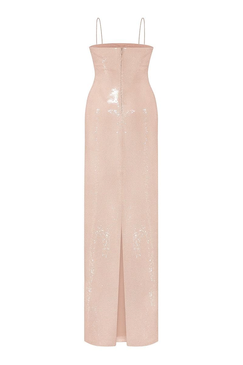 Nué Bare Glossy Sequin Gown with shimmering metallic finish, elegant design, and full-length silhouette.