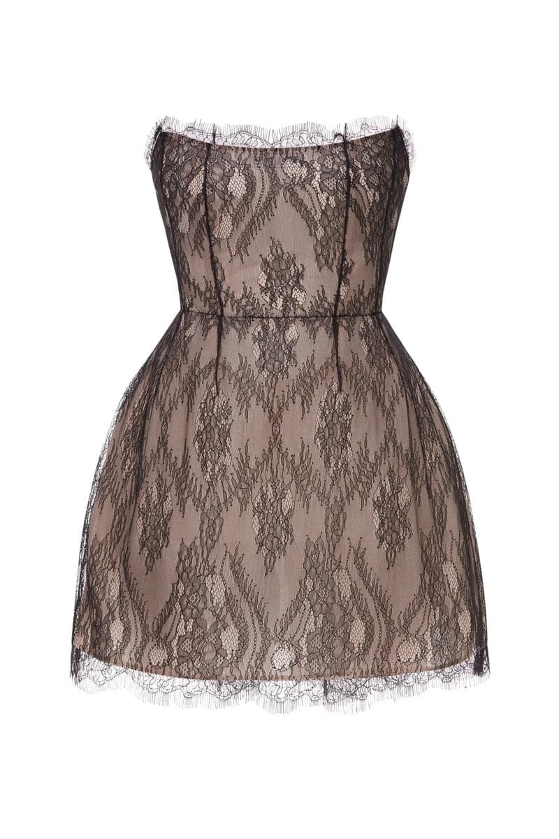 BROWN LACE STRAPLESS MINI DRESS - CULT MIA