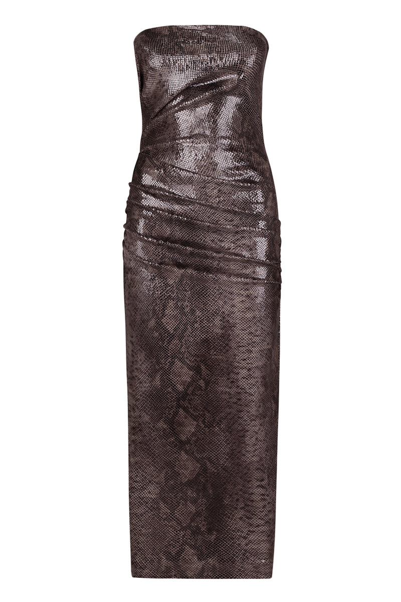 SERPENT STRAPLESS FAUX LEATHER MIDI DRESS - CULT MIA