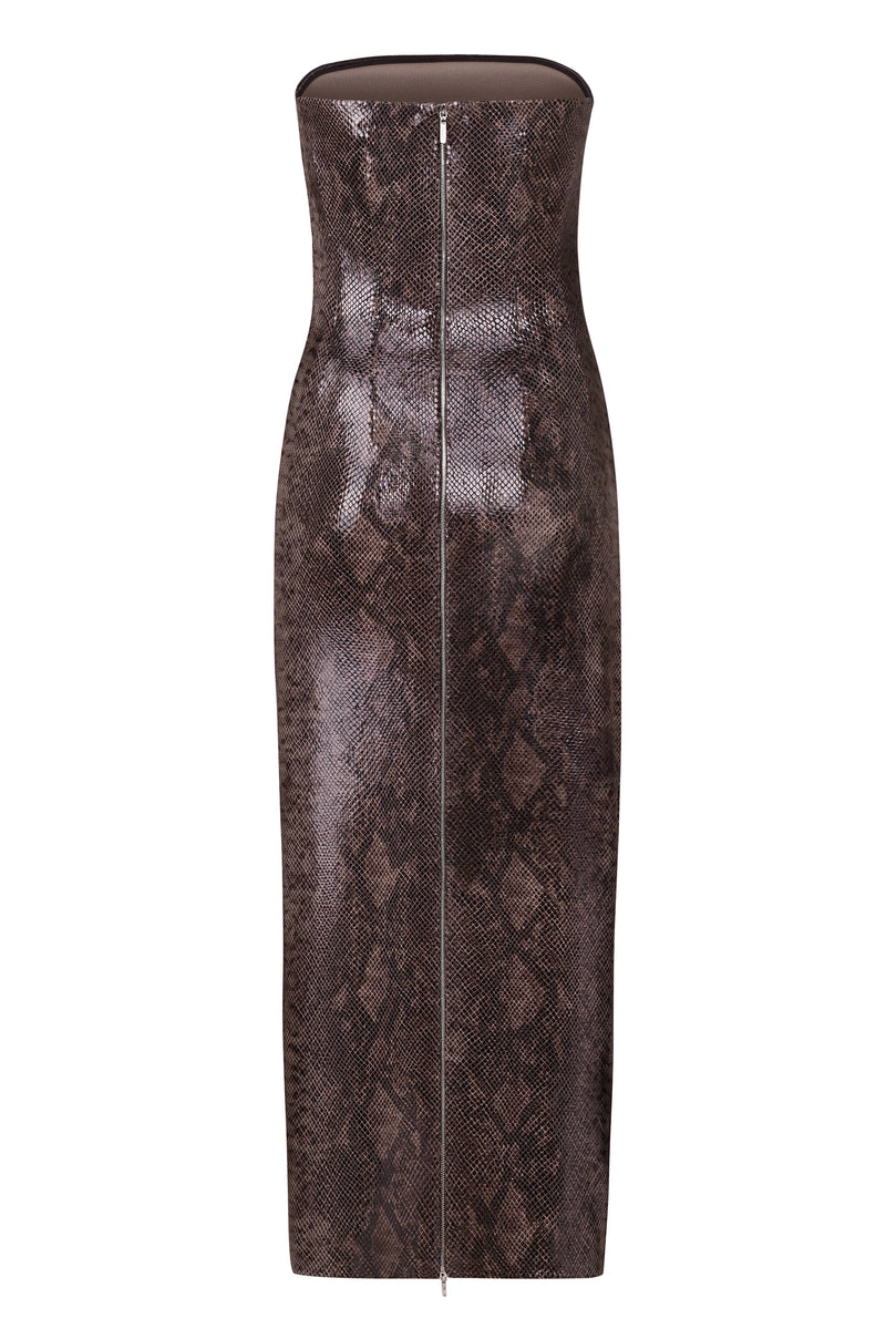 SERPENT STRAPLESS FAUX LEATHER MIDI DRESS - CULT MIA