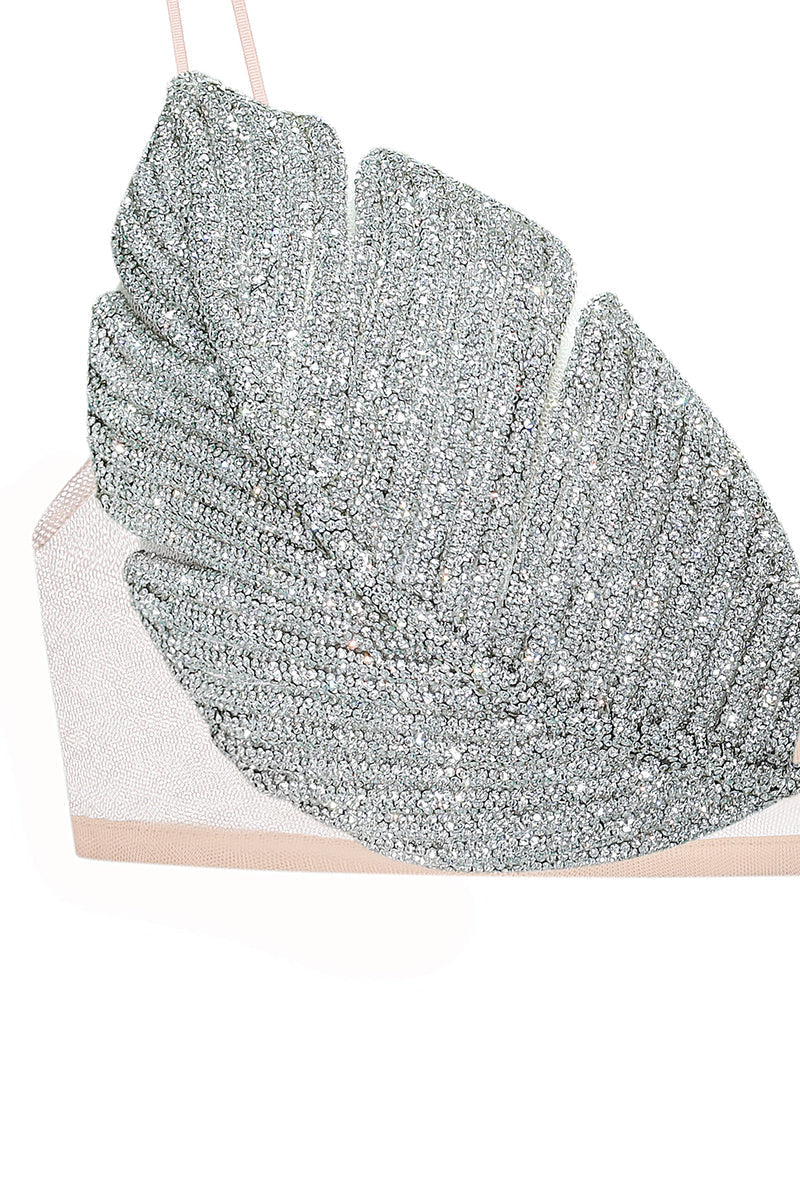 Nué YASMIN rhinestone leaf bralette top featuring shimmering leaf design and delicate straps, perfect for stylish summer wear.