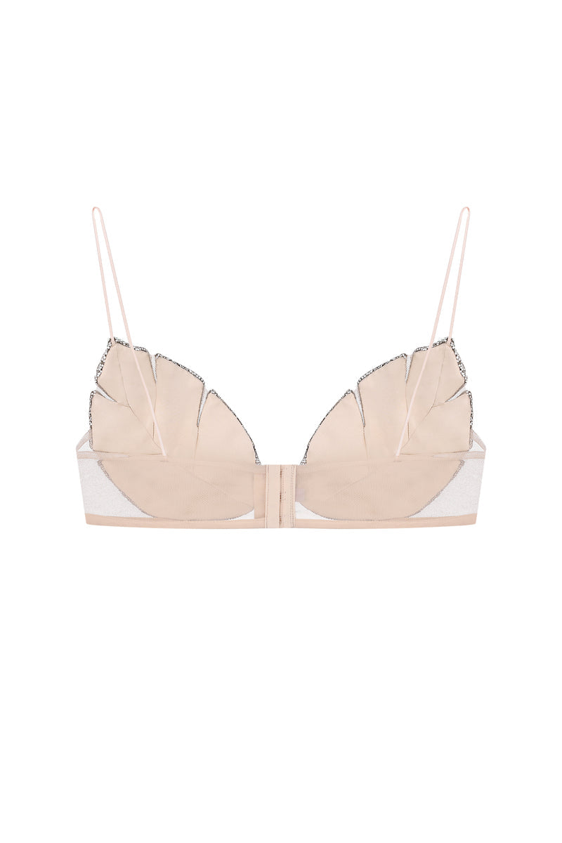 Nué YASMIN rhinestone leaf bralette with delicate leaf design and sparkling rhinestones, styled as a trendy tops piece.