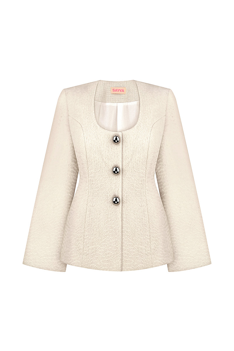 White Mohair jacket by Sayya featuring a soft, fluffy texture and a stylish, cozy fit.
