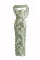 Elegant mint floral maxi gown with matching shawl by Happy Clothing, featuring a flowing design and intricate floral patterns.