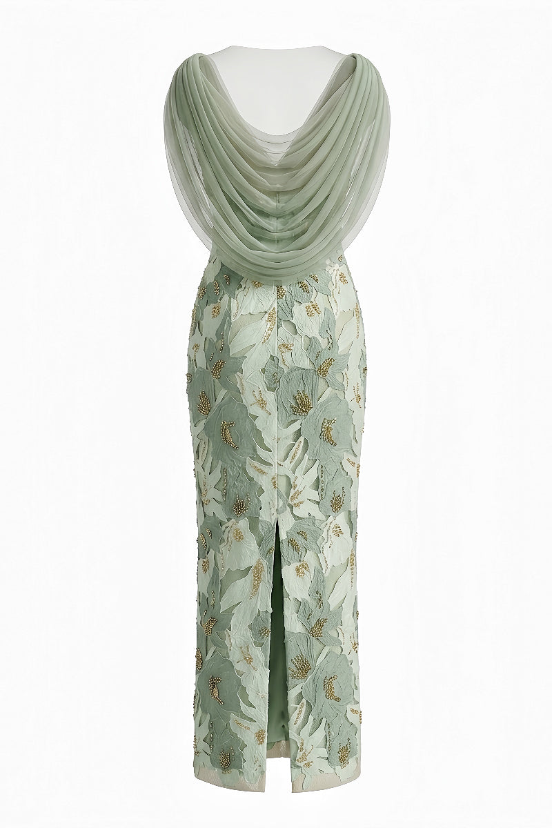 Happy Clothing mint floral maxi gown with matching shawl, elegant evening dress featuring a flowing design and vibrant floral pattern.