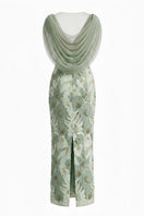 Happy Clothing floral maxi gown with matching shawl, featuring mint green and pastel floral design, elegant and flowing.