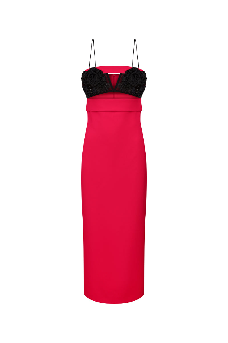 Nué Paloma midi dress displayed flat with soft fabric and elegant design, perfect for stylish occasions.