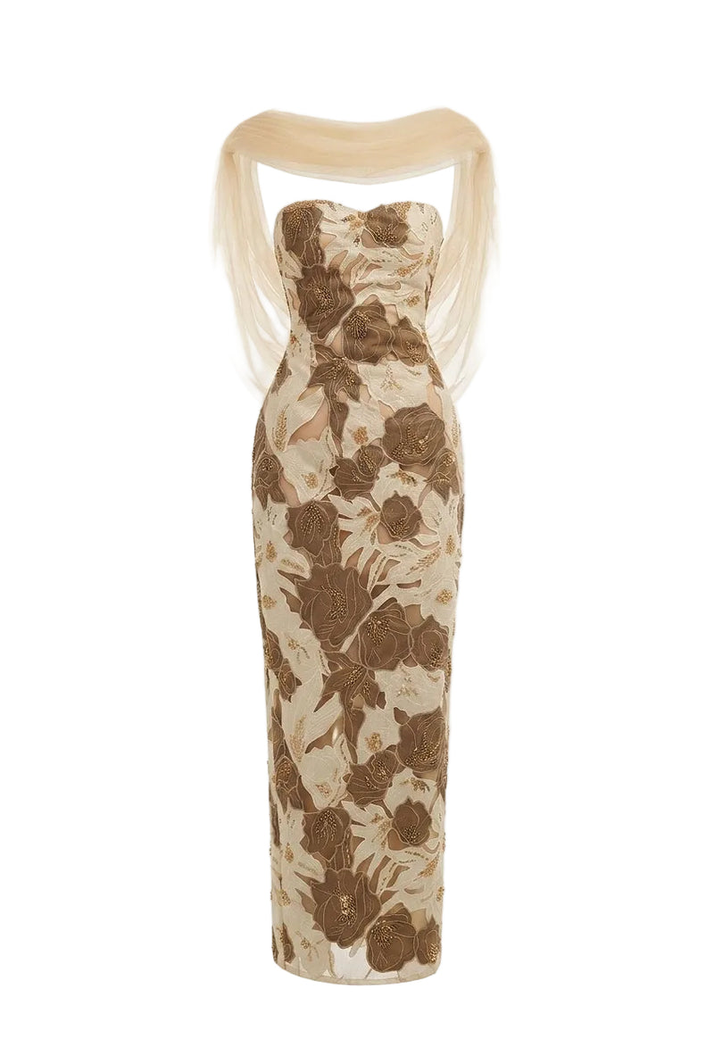 Elegant floral maxi gown with matching shawl by Happy Clothing, featuring a flowing design and intricate floral patterns.