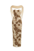 Elegant floral maxi gown with matching shawl by Happy Clothing, featuring a flowing design and intricate floral patterns.