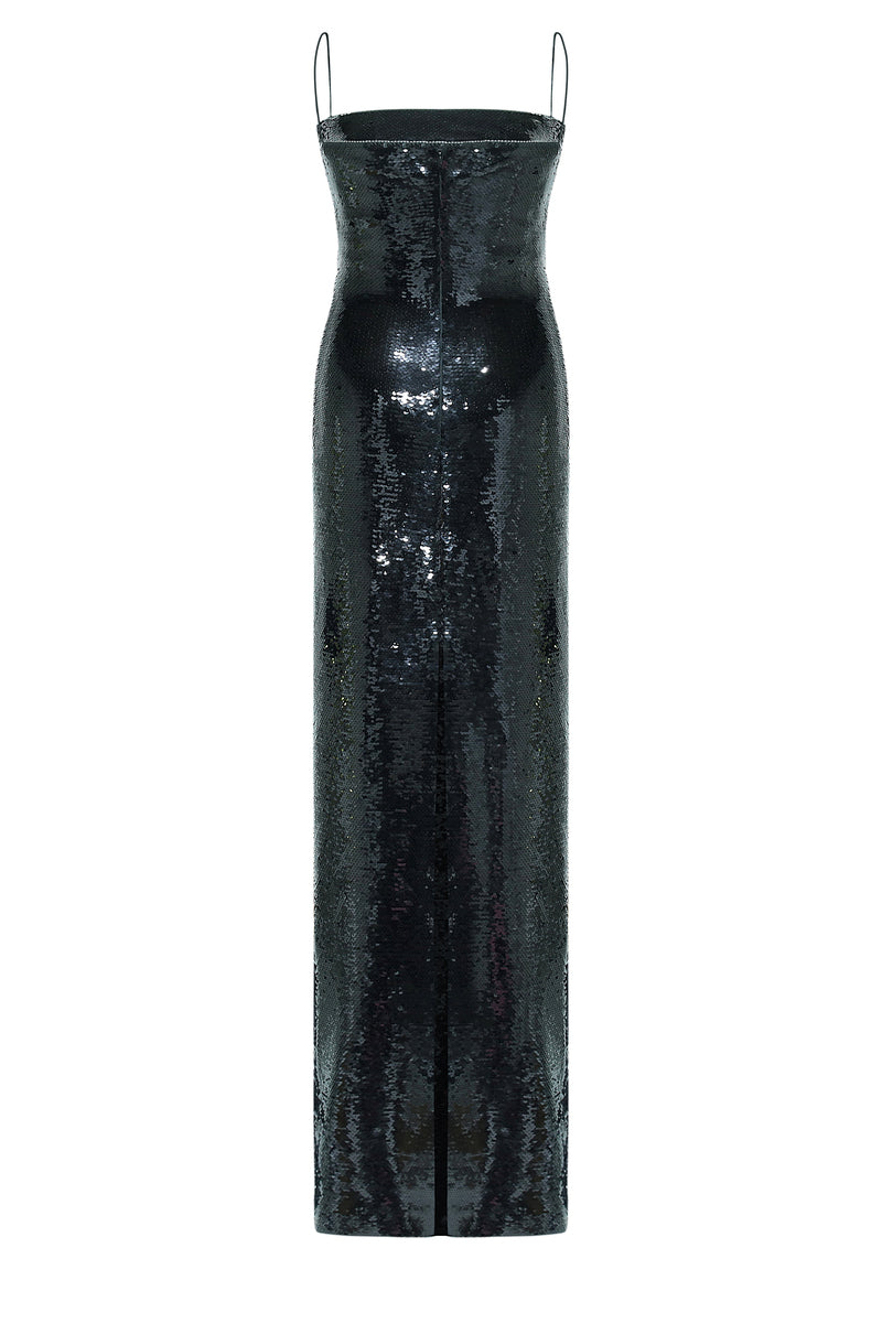Nué Bare Black Sequin Gown displayed on a mannequin, showcasing the elegant, sparkling design and fitted silhouette.