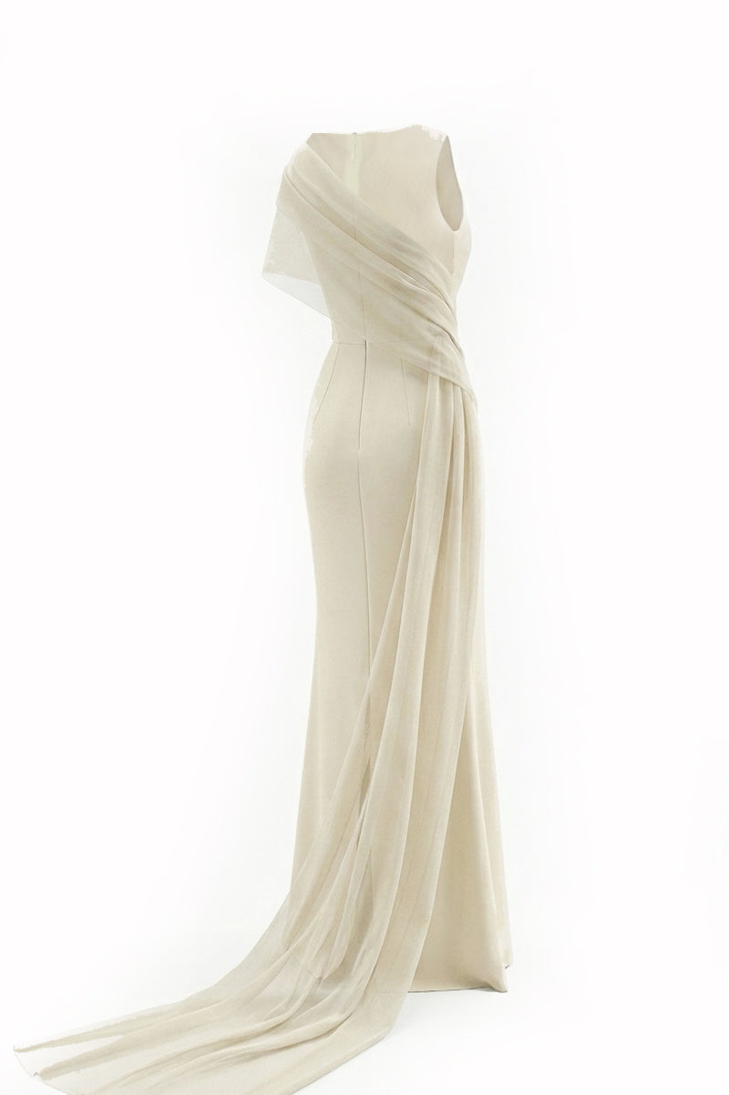 Ethereal Petal one-shoulder maxi gown by Happy Clothing, flowing fabric with floral petal design, elegant evening wear style.
