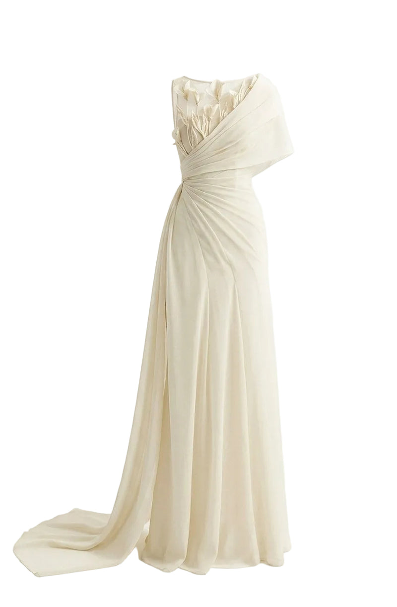 Ethereal Petal one-shoulder maxi gown by Happy Clothing, flowing floral dress with elegant drape and soft pastel colors.
