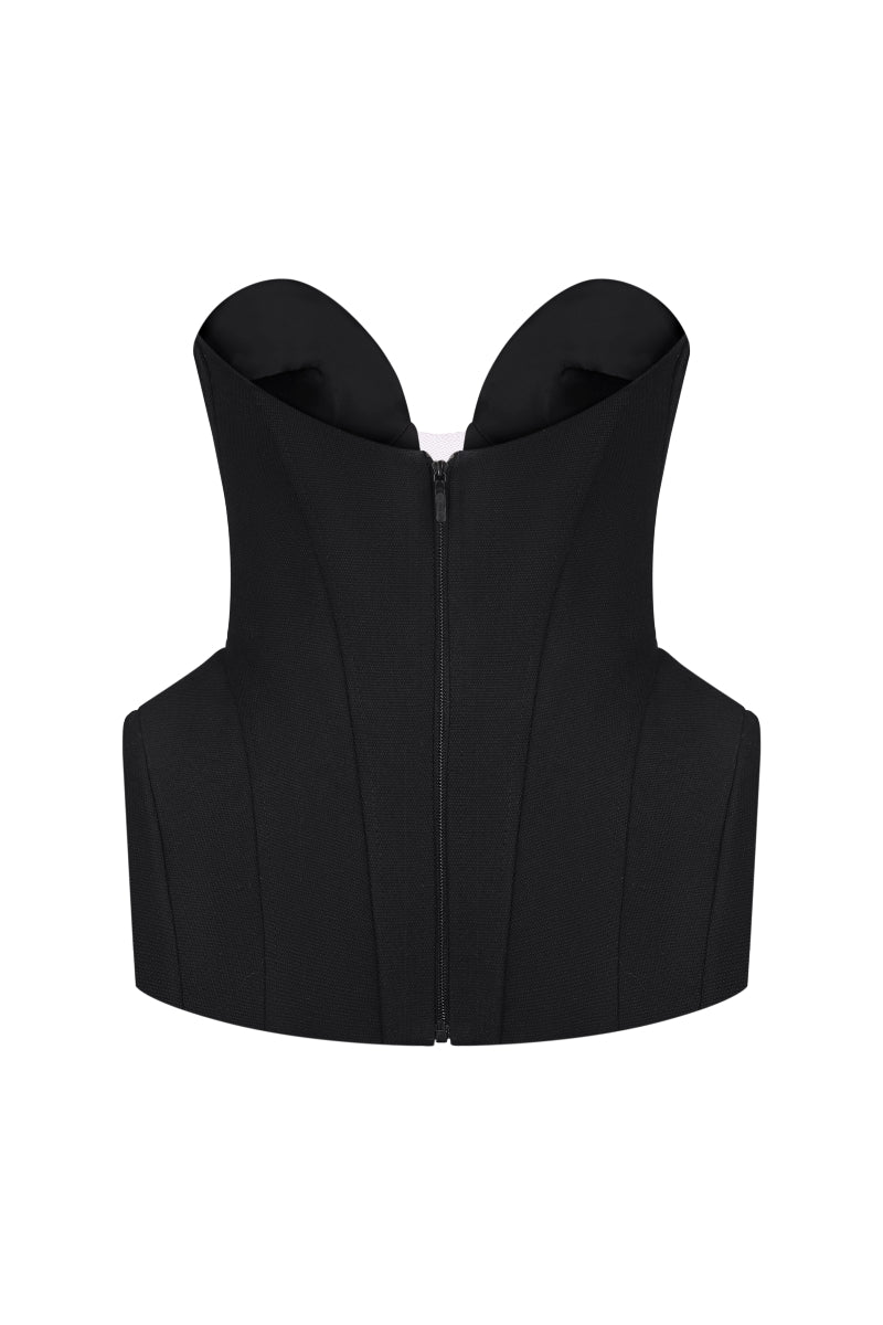 Nué Harper corset top, stylish black top with lace-up front and fitted silhouette, perfect for fashionable outfits.