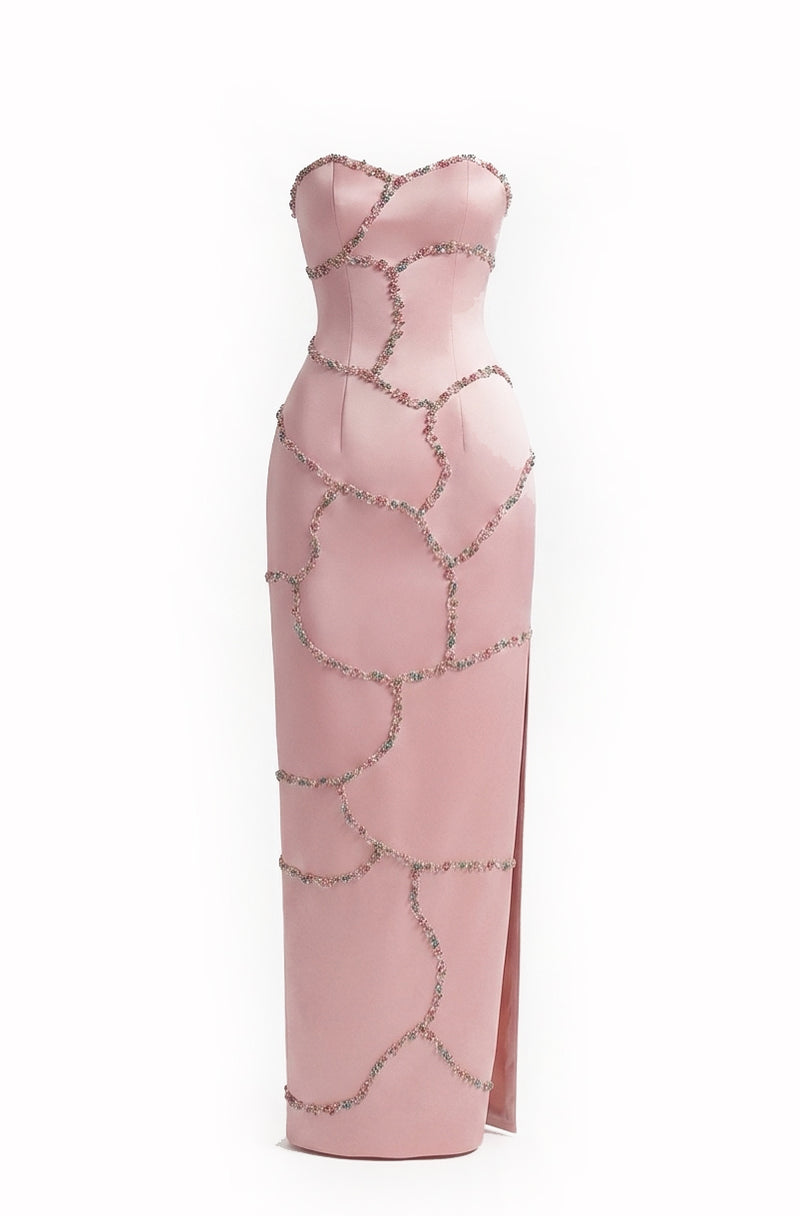 Elegant blush crystal wave strapless gown by Happy Clothing, featuring a flowing design and intricate crystal detailing.