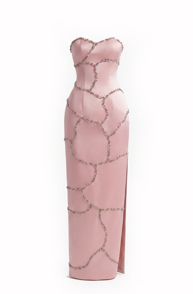 Elegant blush crystal wave strapless gown by Happy Clothing, featuring a flowing design and intricate crystal embellishments.