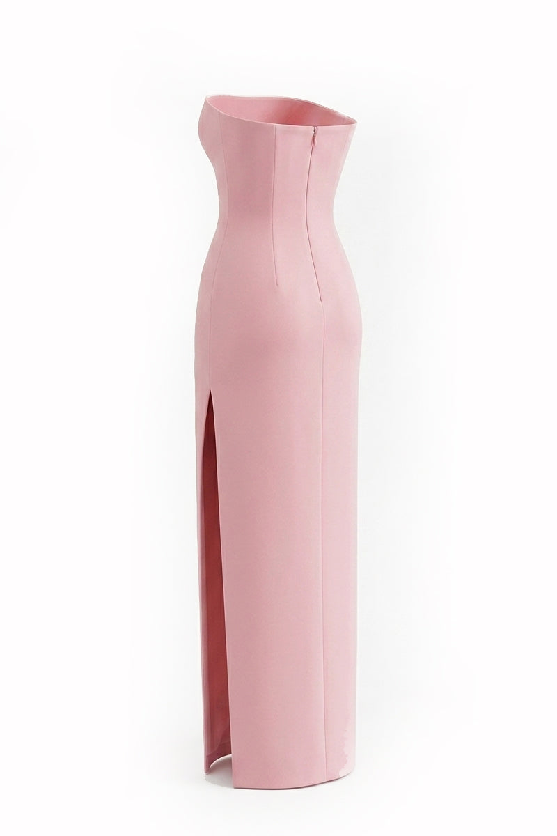 Elegant blush crystal wave strapless gown from Happy Clothing, featuring a flowing design and intricate crystal details.