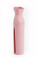 Elegant blush crystal wave strapless gown by Happy Clothing, featuring a flowing design and intricate crystal detailing.