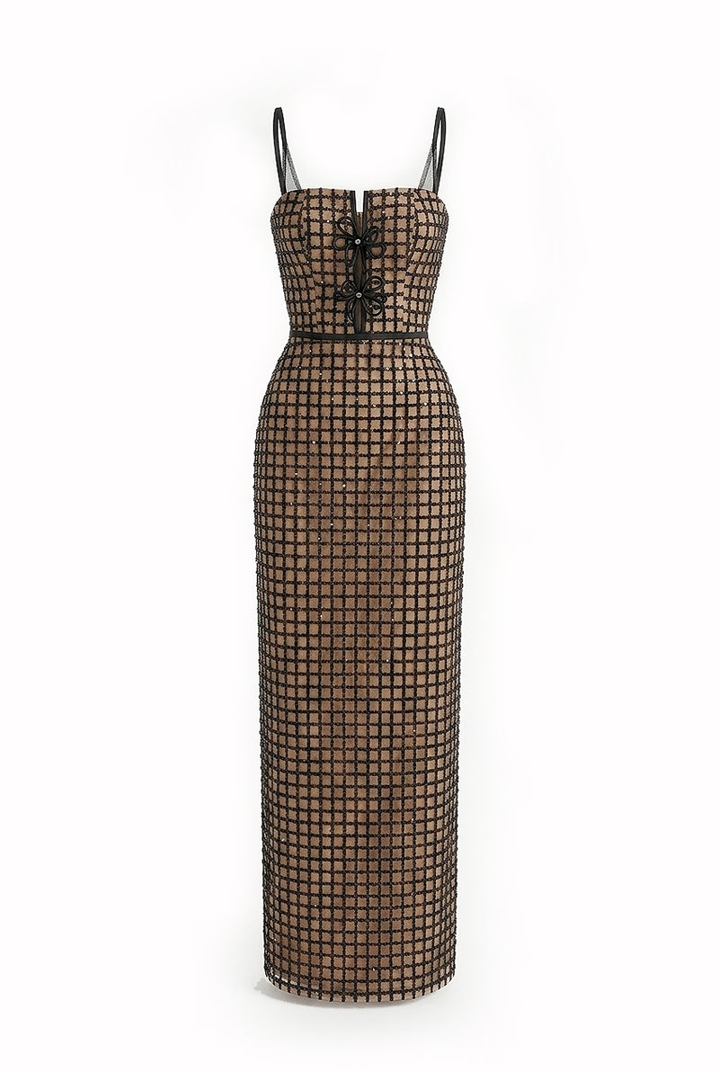 Elegant structured corset maxi dress by Happy Clothing, featuring a fitted bodice and flowing skirt in a sophisticated gown design.