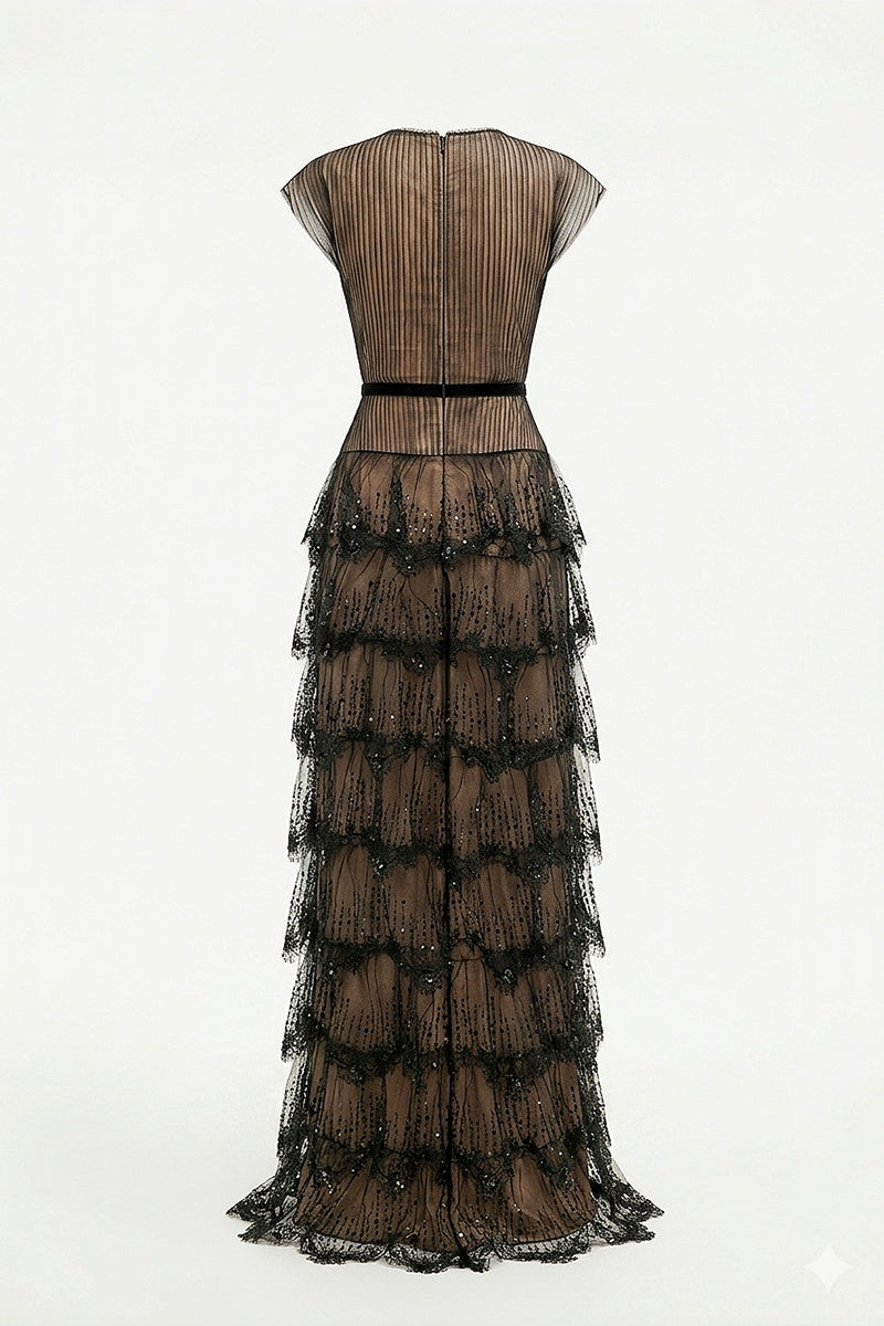 Dark Romance sheer layered maxi dress by Happy Clothing, flowing gown with layered fabric and elegant design for formal occasions.