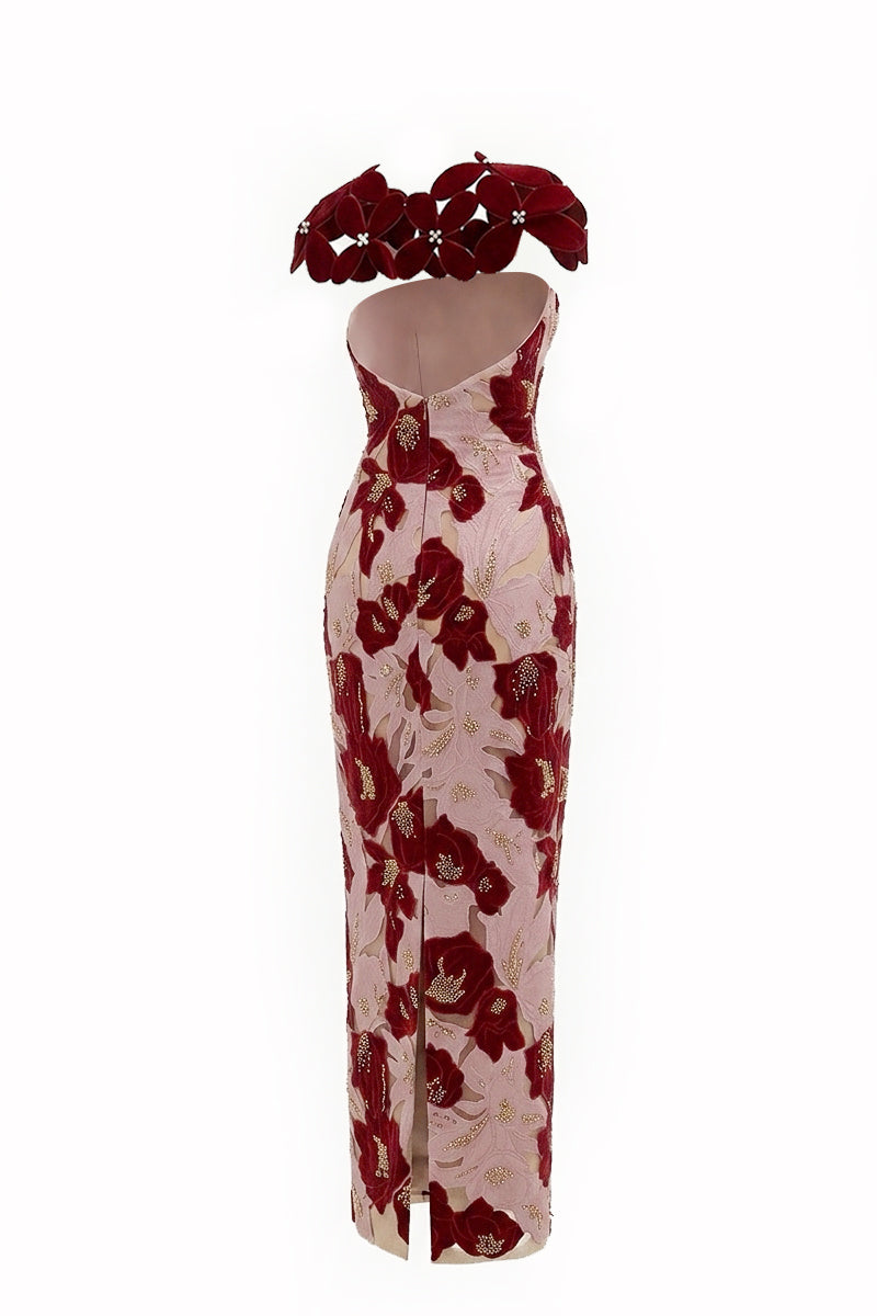 Elegant rose petal couture column gown by Happy Clothing, featuring flowing fabric and intricate design details.