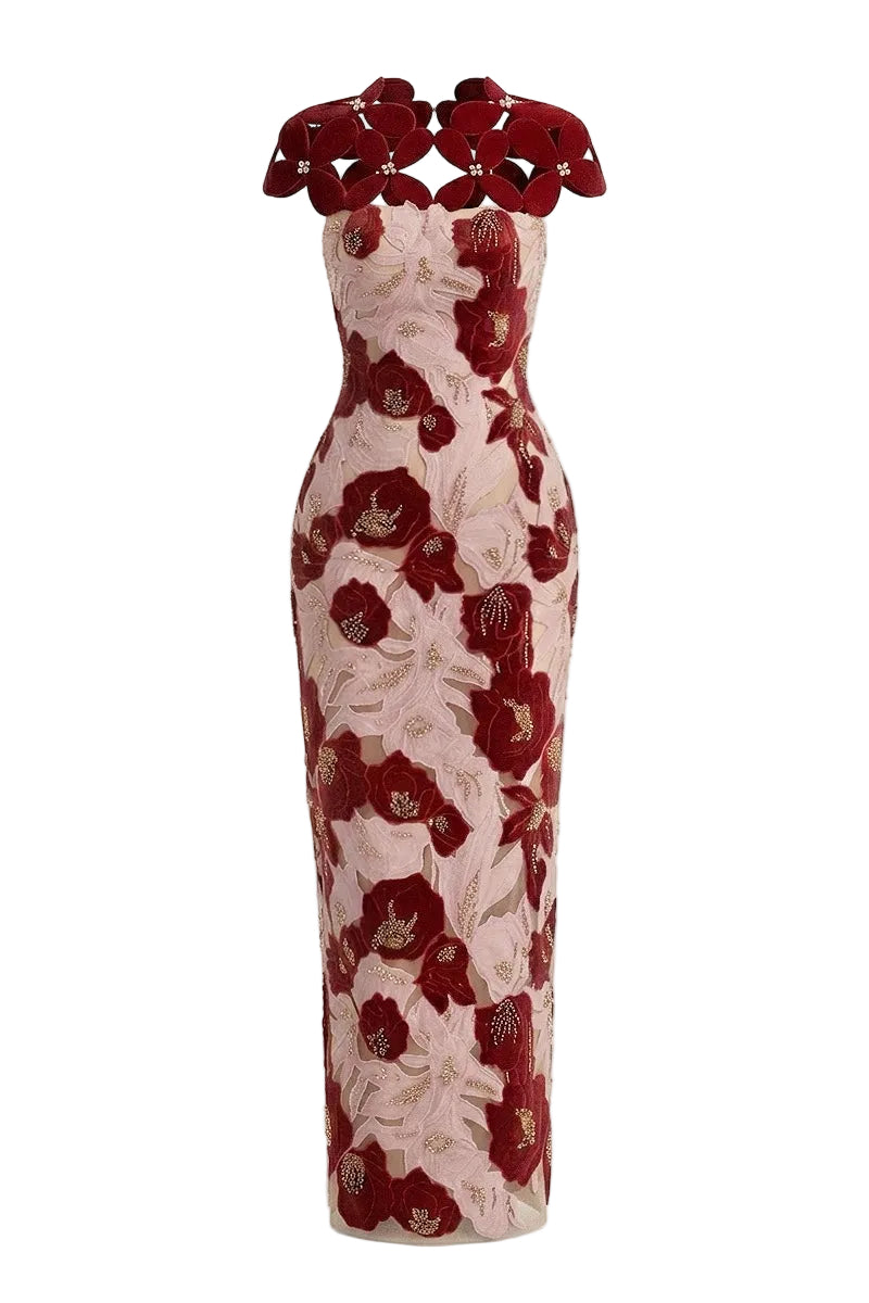 Elegant rose petal couture column gown by Happy Clothing, featuring flowing fabric and intricate design details.