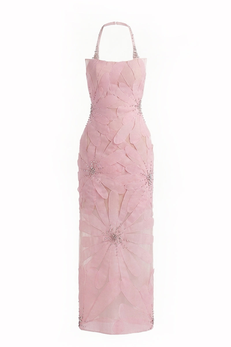 Soft pink floral gown by Happy Clothing featuring delicate crystal embellishments and elegant flowing fabric.