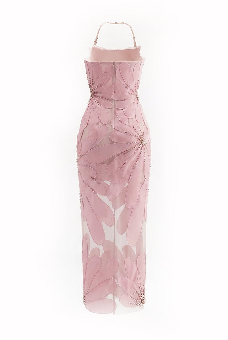 Soft pink crystal floral gown by Happy Clothing featuring delicate floral embroidery and flowing fabric.