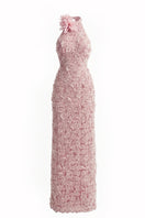 Blush floral Whisper halter maxi gown by Happy Clothing featuring a flowy design and elegant floral pattern.