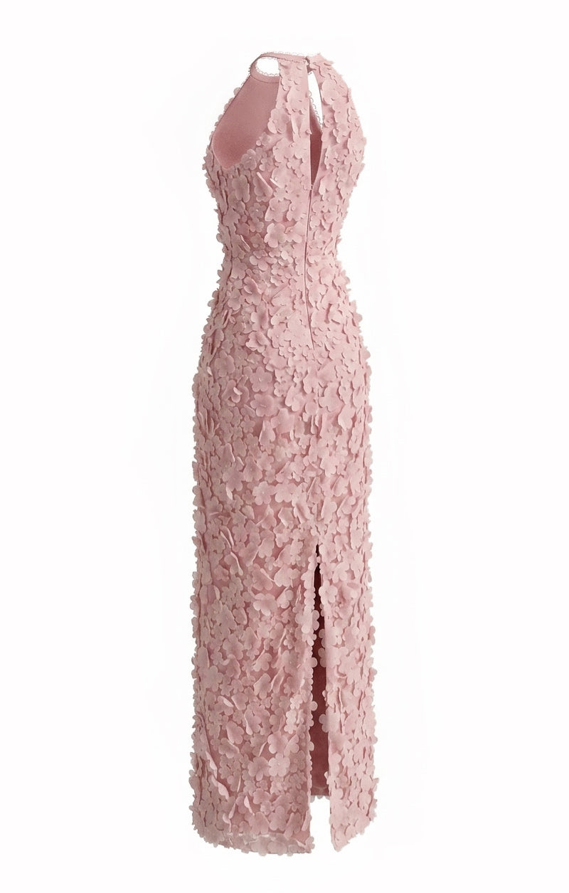 Pink blush floral Whisper halter maxi gown by Happy Clothing, featuring a flowing fabric and elegant halter neckline.