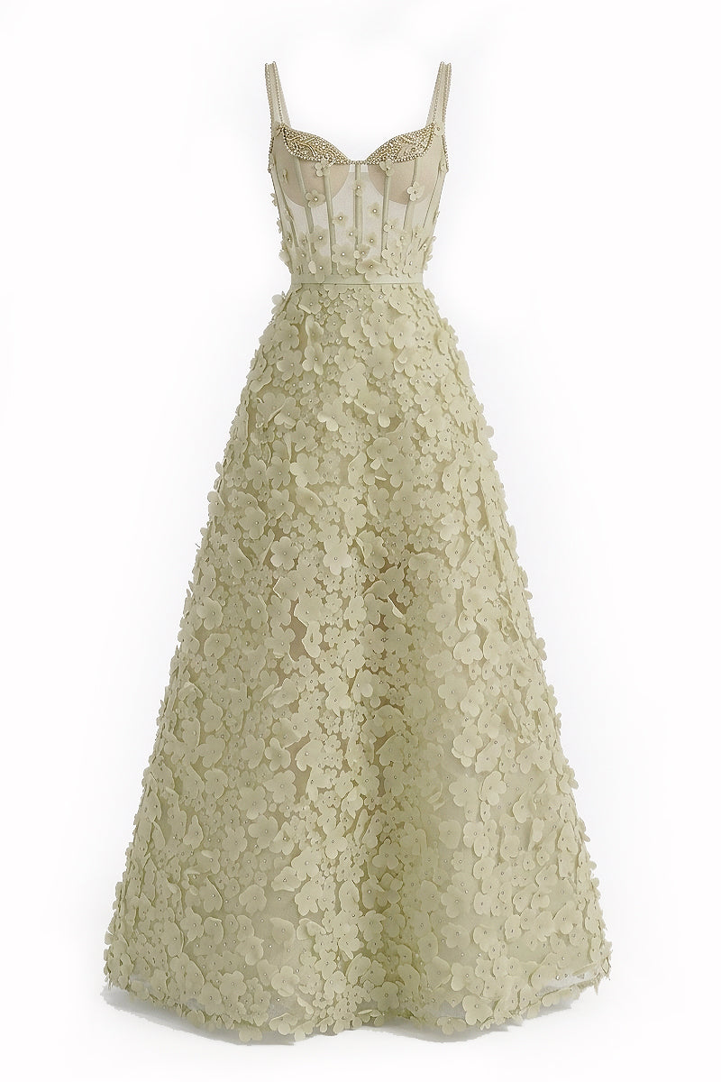 Celadon 3D floral A-line gown by Happy Clothing featuring intricate floral details and flowing fabric.