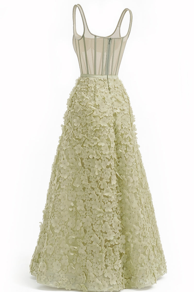 Celadon 3D floral A-line gown by Happy Clothing featuring intricate floral embroidery and flowing fabric.