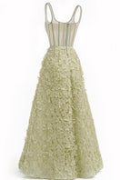Celadon 3D floral A-line gown by Happy Clothing, featuring intricate floral embroidery and flowing fabric for elegant occasions.