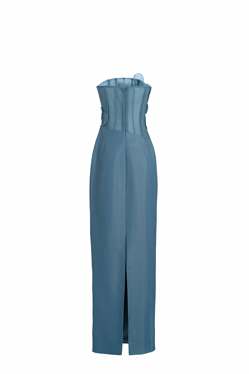 Blue 3D floral draped maxi gown by Happy Clothing, flowing fabric with intricate floral details, perfect for elegant occasions.