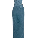 Blue 3D floral draped maxi gown by Happy Clothing, featuring intricate floral patterns and elegant flowing fabric.