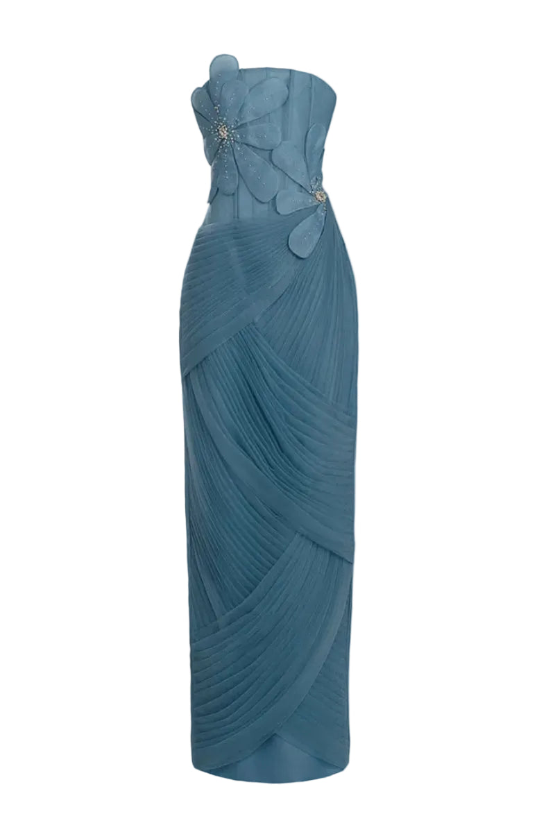 Blue 3D floral draped maxi gown by Happy Clothing featuring a flowing design and intricate floral details.