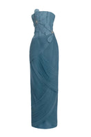 Blue 3D floral draped maxi gown by Happy Clothing, featuring intricate floral patterns and elegant flowing fabric.