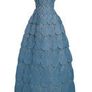 Blue 3D petal sculpture maxi gown by Happy Clothing, flowing fabric with intricate petal details, perfect for elegant occasions.