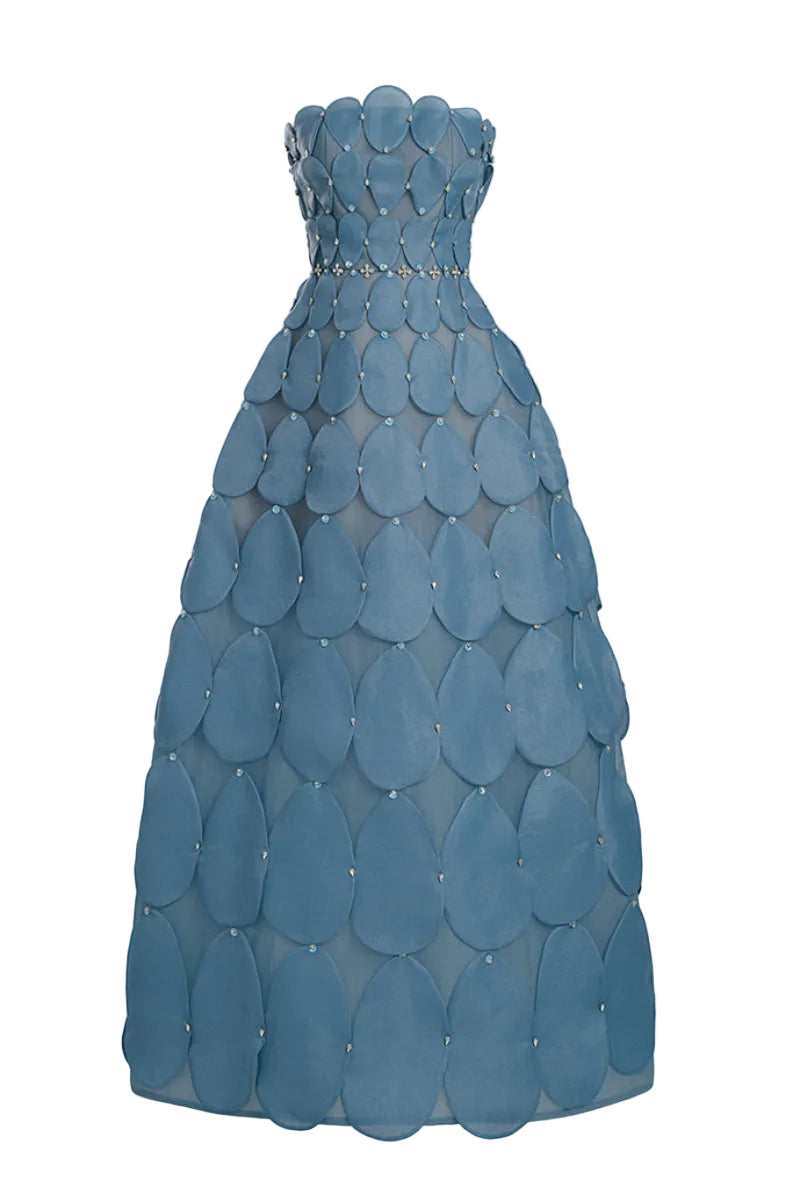 BLUE 3D PETAL SCULPTURE MAXI DRESS