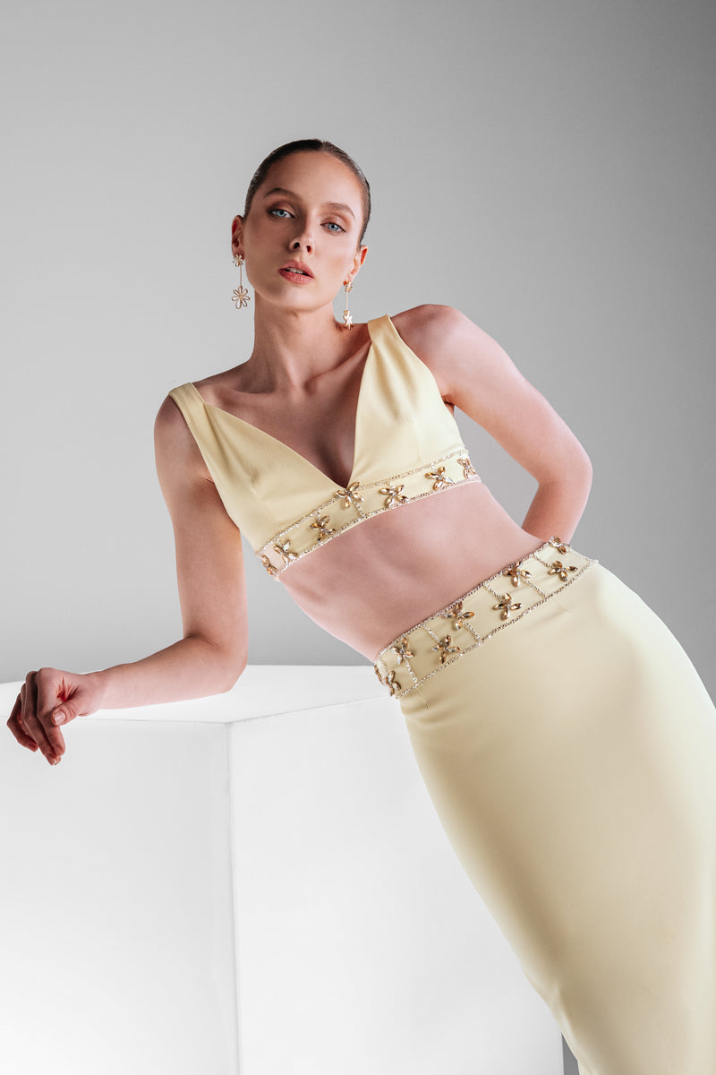 Embellished crepe co-ords set by Monika Dimova featuring intricate embellishments and a stylish, coordinated outfit design.