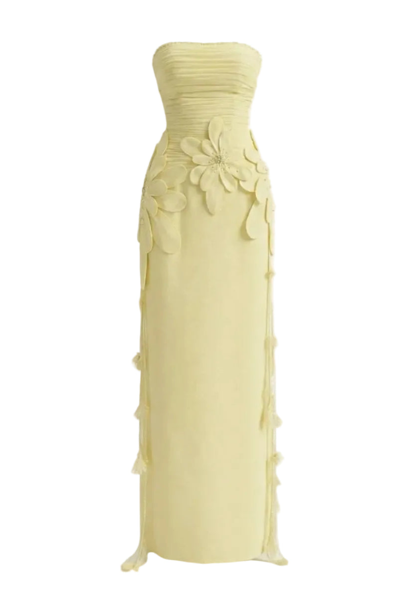 Yellow 3D petal maxi gown by Happy Clothing, flowing fabric with floral 3D details, perfect for elegant occasions.