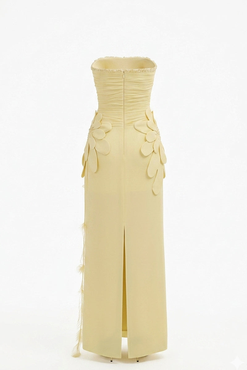 Yellow 3D petal maxi gown by Happy Clothing, elegant floral design with flowing fabric and sleeveless style.
