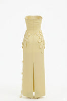 Yellow 3D petal maxi gown by Happy Clothing, featuring flowing fabric and intricate petal details for elegant evening wear.