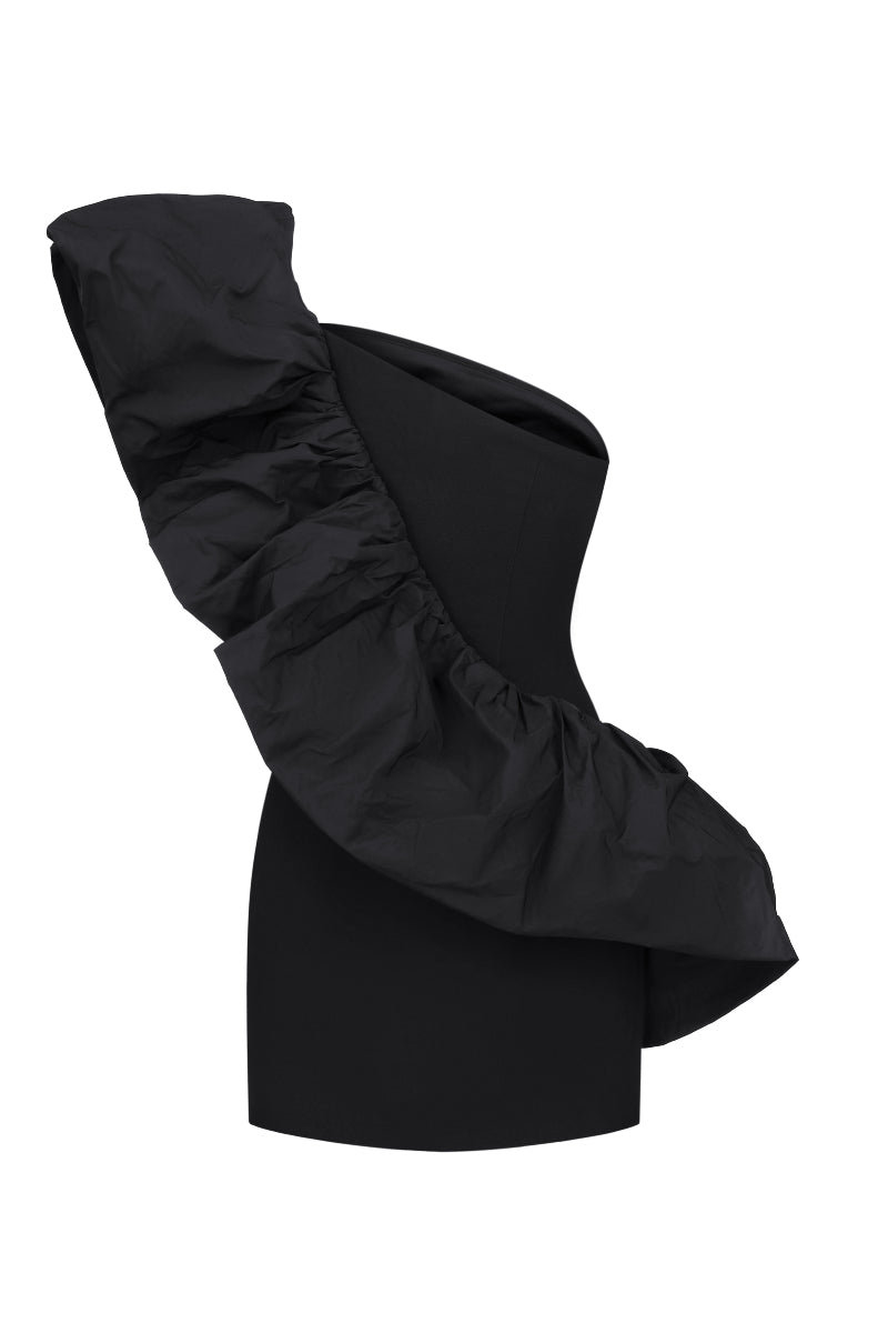 Nué Rowen mini dress shown on a hanger, featuring a stylish, fitted design with a subtle pattern and trendy neckline.