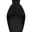 Black Nué Grace mini dress displayed on a hanger, showcasing its sleek, fitted design and elegant style.
