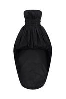 Black Nué Grace mini dress displayed on a hanger, showcasing its sleek, fitted design and elegant style.