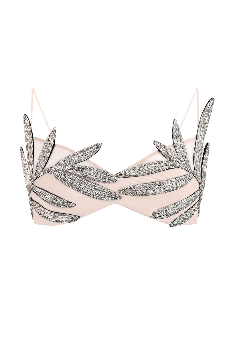 Nué Palme Crystal Leaf Bralette top featuring delicate crystal leaf details and lightweight fabric, perfect for stylish casual wear.