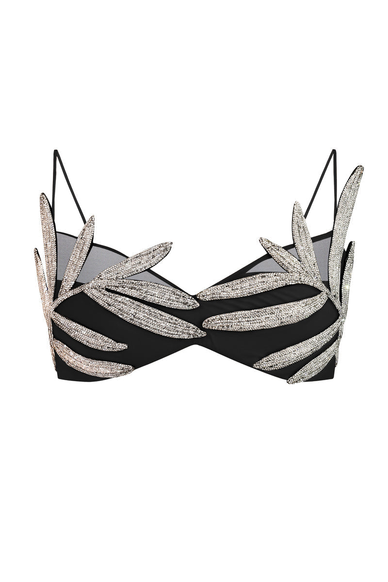 Nué Palme Black Leaf Bralette, stylish black crop top with leafy pattern, made for comfortable casual wear.
