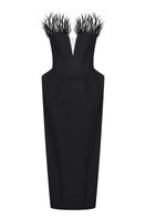 Nué Harper Dress midi with feather details, elegant sleeveless design, perfect for stylish occasions.